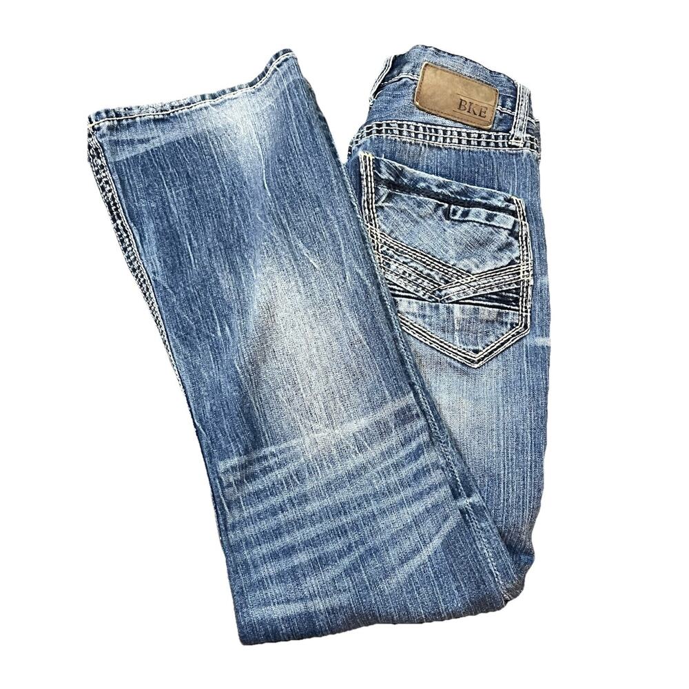 BKE Fulton Men’s Jeans Size 29R Bootcut Denim Distressed Contrast Stitching Y2K